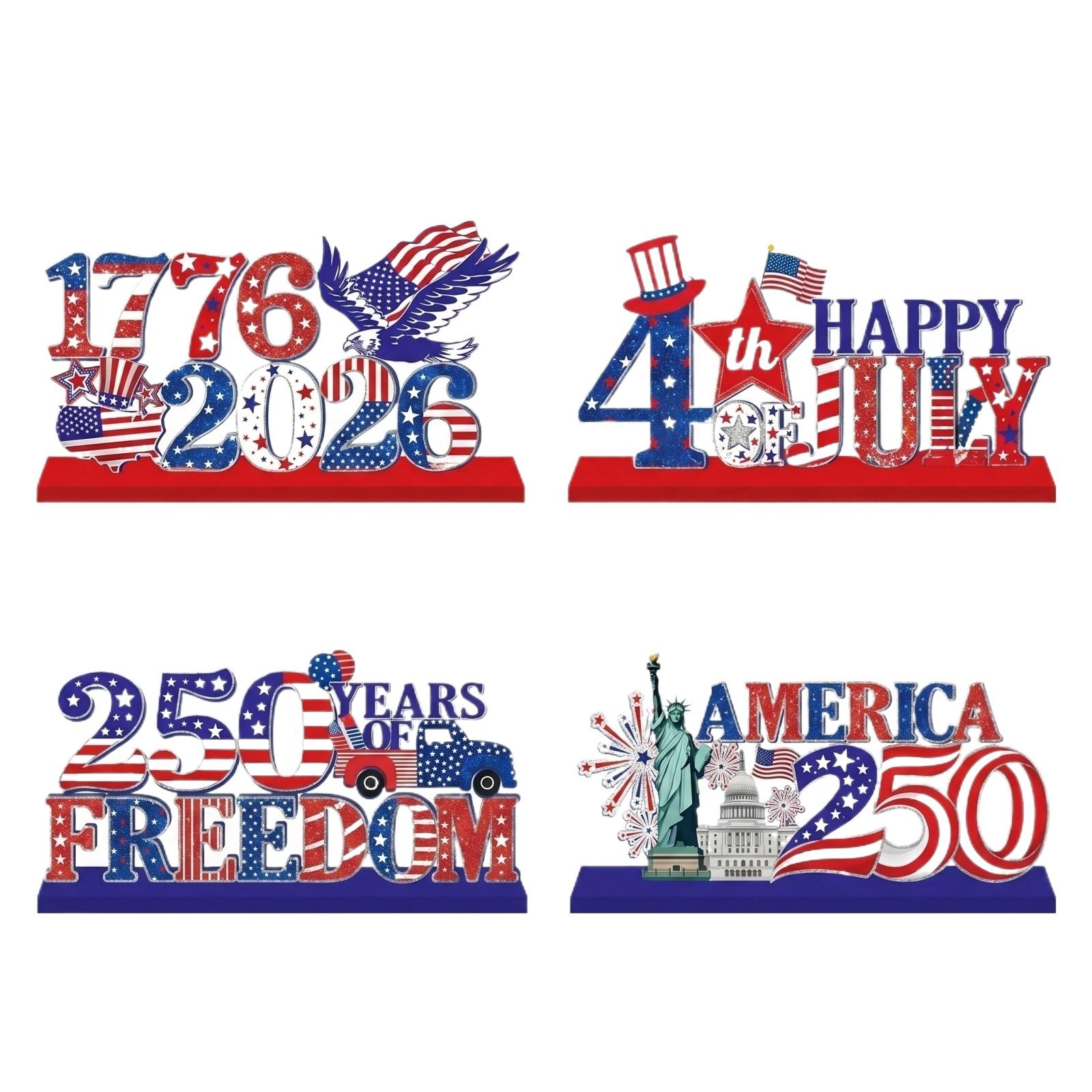 4pcs America Anniversary Decorations Wood Centerpiecs 0 Anniversary USA Decorations 1776 To 2026 Table Decor Patriotic USA 0th One Size красный