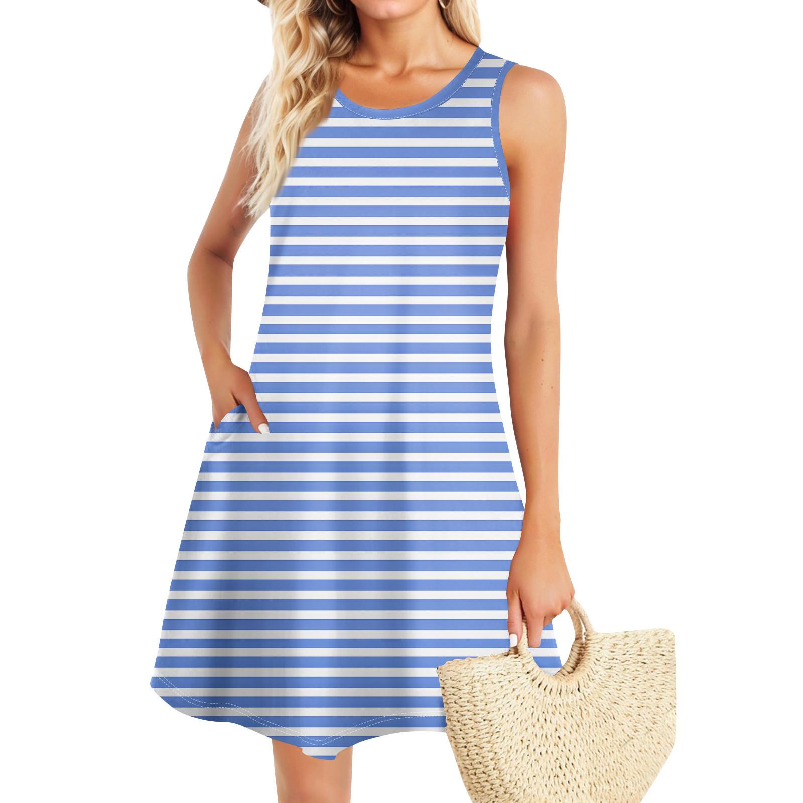 

Летние платья для женщин Пляжный Бохо без рукавов Винтажный принт Футболка с карманами Сарафаны-майки M синий