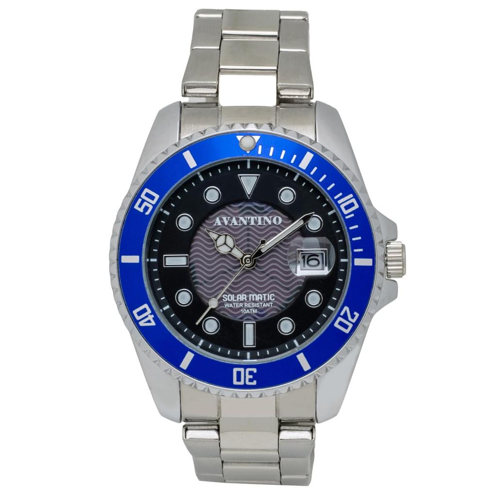 Klefer AV-AM386-BLS Men's Solar-Powered Diving Watch, Analog, Waterproof, Date Display, Silver