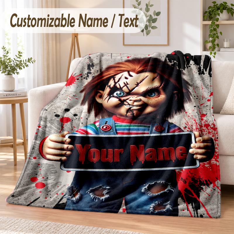 Child's Play Chucky Tiffany Custom Name Flannel Throw Blanket Soft Warm for Sofa Bed Indoor Home Use