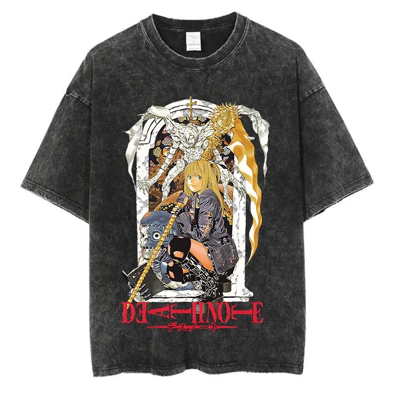 Harajuku Retro Washed T-shirt Anime Graphic Printed T-shirt Oversized Fashionable Streetwear Unisex T-shirt