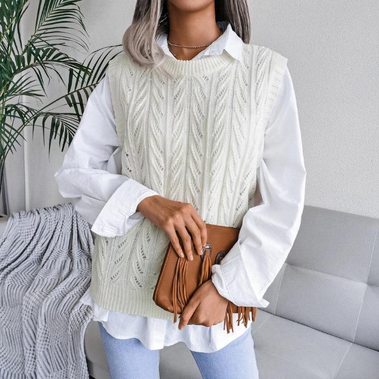 Fall Winter Women Sleeveless Crew Neck Solid Color Knit Sweater Tank Top with Cutout Leaf Design Sizes S To L