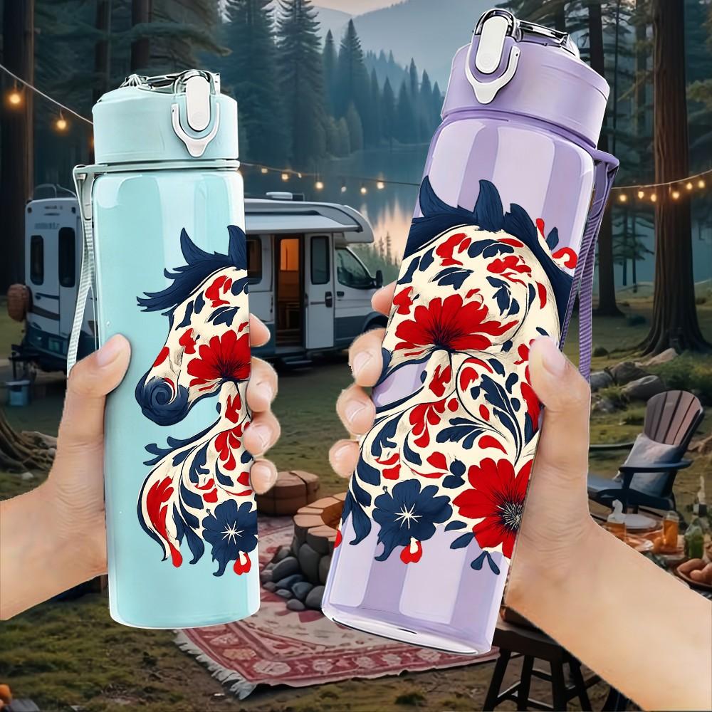 1PC Floral Pattern Horse Head 750ml Color Plastic Sports Water Bottle Leakproof Flip Straw Lid Suitable for Sports Office Home Use