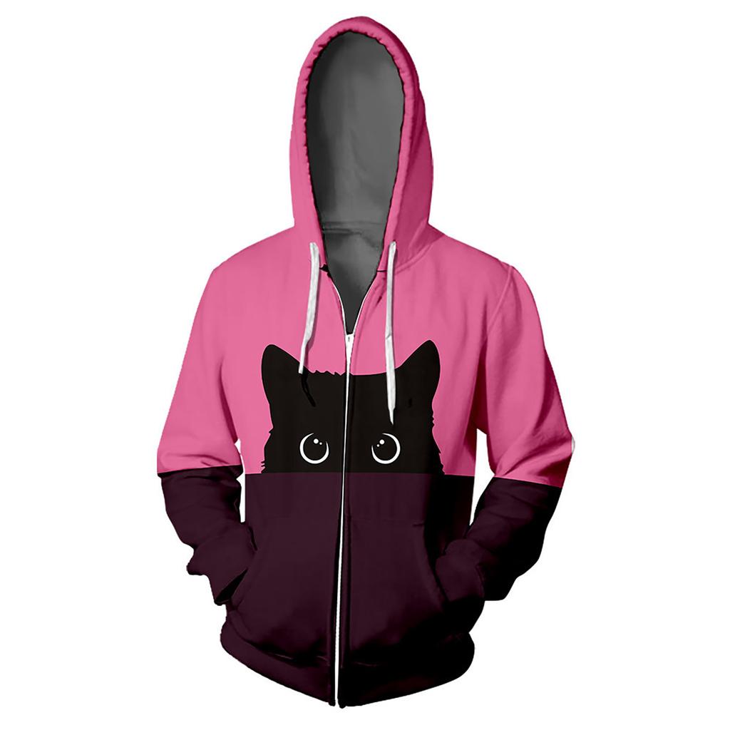 Pink Silhouette Cat Print Men's Zip Up Hoodie