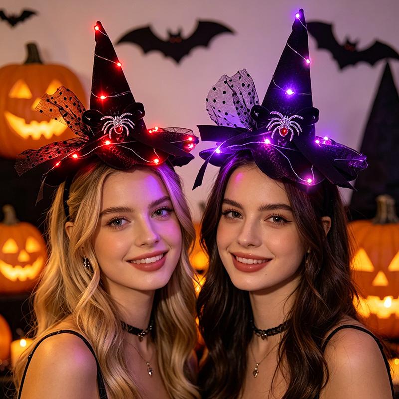Lovely LED Witch Headband Halloween Light up Witch Hat Headband Women Masquerade Party Cosplay Hairband Hair Accessories