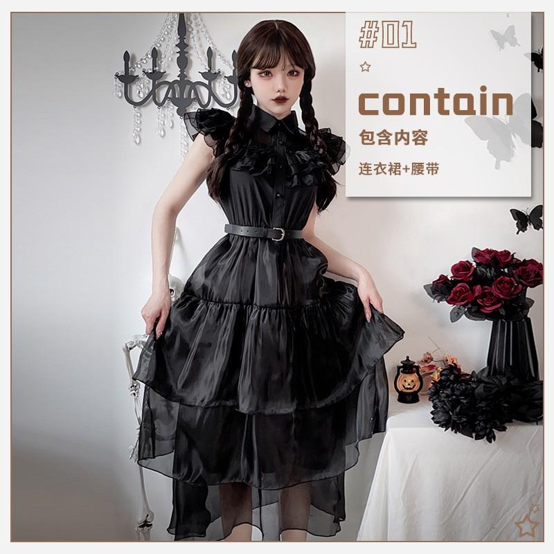Halloween Gothic Adams Family Wednesday Cosplay Dress Vampire Bride Black Women
