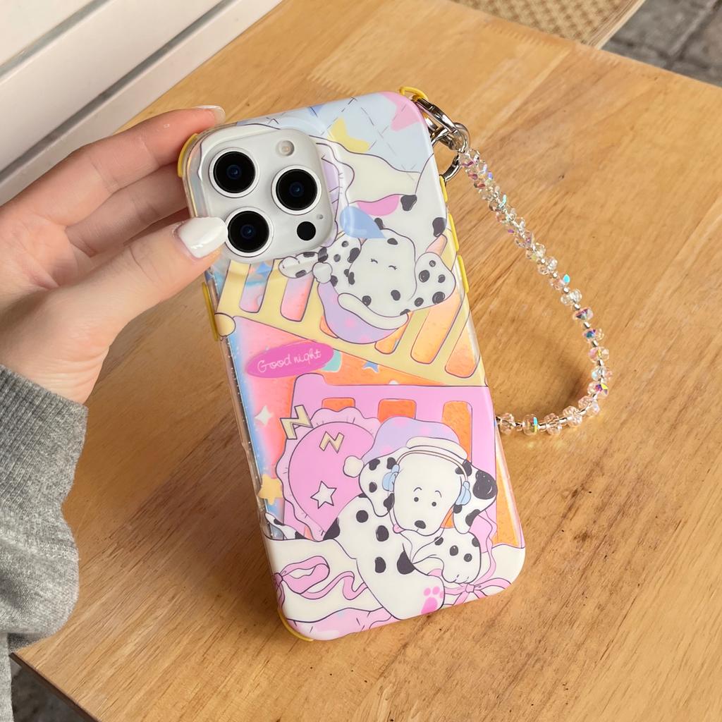 For iPhone 16 Pro Max Case IMD Cartoon Dalmatian TPU Phone Cover with Beaded Strap