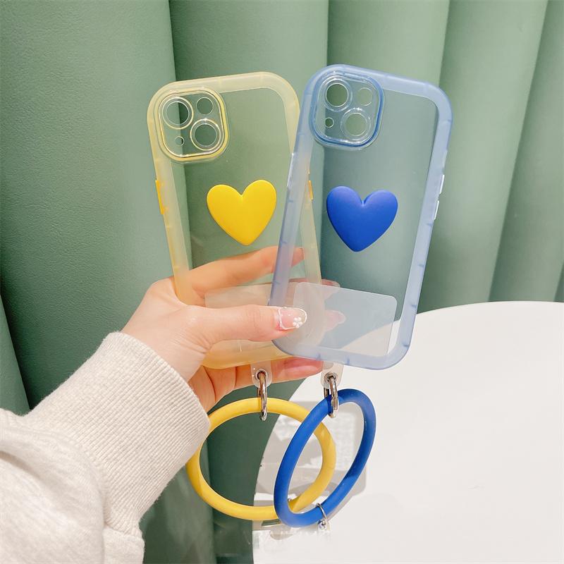 Ins Korea 3d Love Heart Clear Wrist Loop Strap Case For Iphone 13 12 11pro Max X Xr Xs Max Handy Strap Shockproof Cover