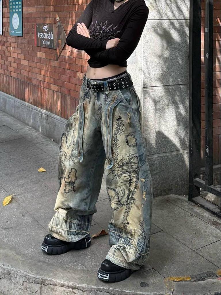Jeans Unisex de Pierna Ancha Desgastados Bordados - Largo Hasta el Suelo Estilo Moderno