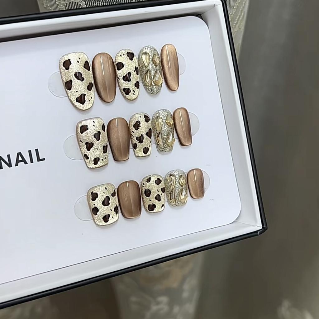 Pure Hand-made Phototherapy Wearable Nail Tablets, Black Sugar Leopard Print Wearable Nail Finished Product Reusable Nail Art