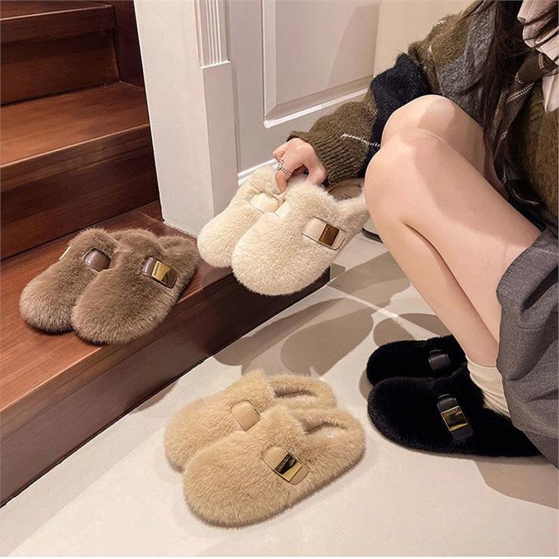 Birkenstock Shoes With Fleece For Women 2024 Autumn And Winter New Style Furry Slippers Slip-On Fashionable Warm Versatile Flat Half Slippers