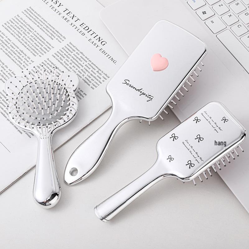 Electroplated Silver Massage Comb with Folding Mirror and Anti-Static Air Cushion – Student Girl Ins Style