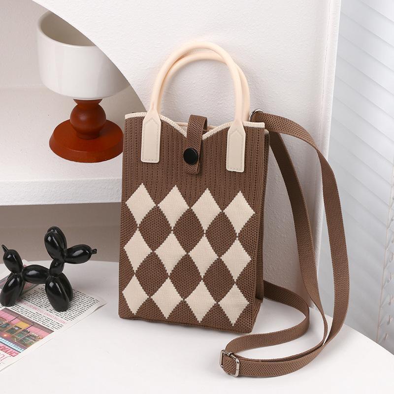 Knitted Mini Tote Bag Sweet Argyle Diamond Pattern Button Closure Soft Knit Handbag for Women Valentine's Day Gifts