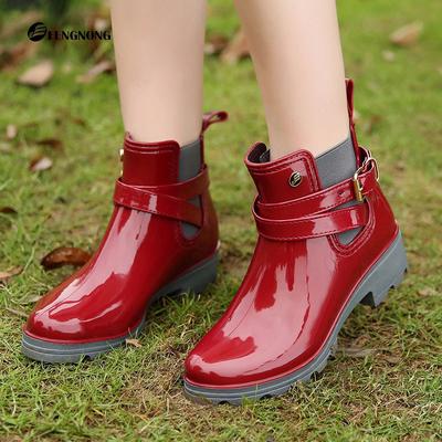 Fashion Waterproof Boots Women Platform Ankle Boot Red Glossy Buckle Non Slip Rain Boots Ladies 2024 Autumn Winter New Rain Shoes