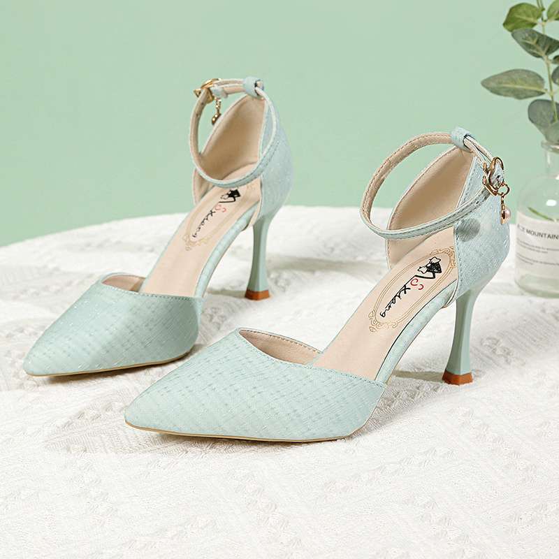 Korean Version of Temperament High Heels Women's Summer New Sexy Thin Heel Pointed Single Shoes One-word Buckle with Versatile Hollow Sandals