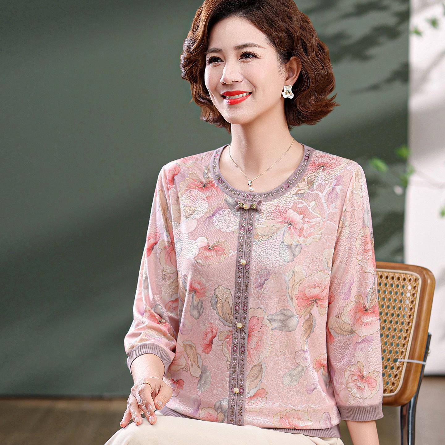 

Maternity Rhinestone Seven-Sleeve Round Neck Top for Middle-Aged & Elderly Women - Spring/Summer Loose Age-Reducing T-Shirt 2XL (Recommended 120-135 lbs) рожевий