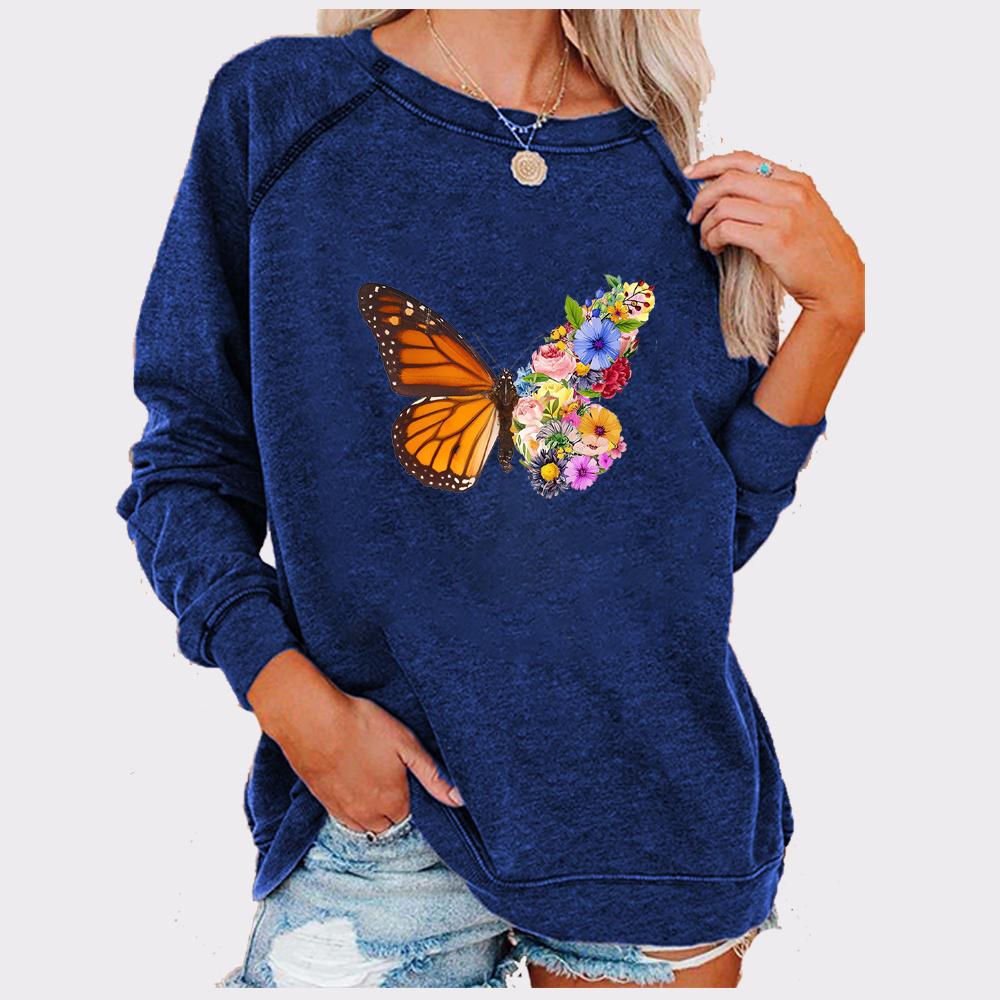 

Женская мода с длинным рукавом и принтом бабочки, весенне-осенняя свободная толстовка с круглым вырезом
