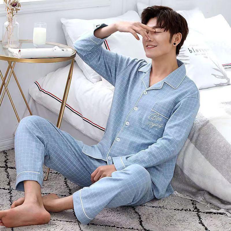 Men's Loose-Fit Pure Cotton Pajama Set: Long Sleeve Cardigan & Pants for Spring/Autumn