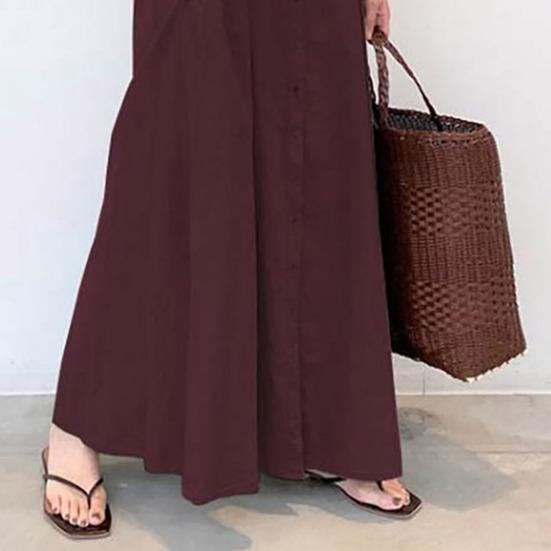 Damen-Frühlingskleid, Umlegekragen, locker, einreihig, langärmelig, reine Farbe, Knöpfe, Taschen, Hemdtyp, knöchellang, Herbst- und Alltags-Maxikleid