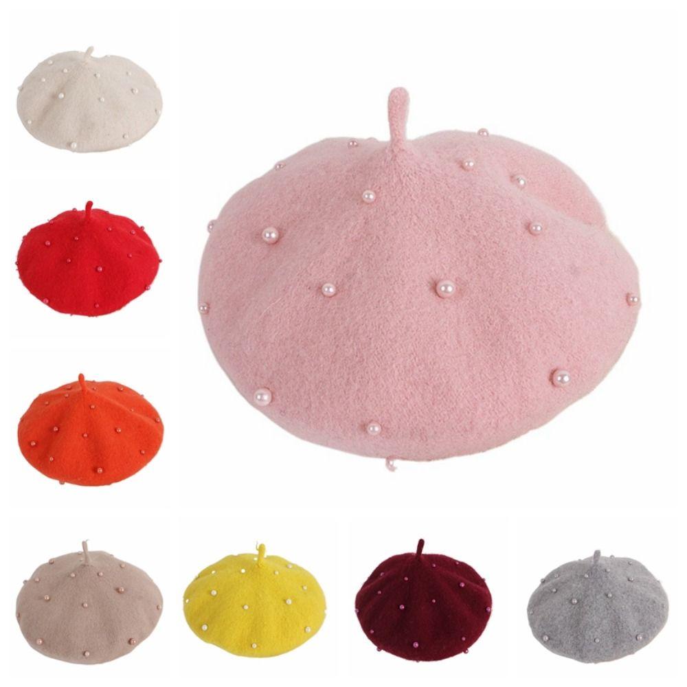 Solid Color Children's Beret Pearl Painter Hat Fashion Baby Wool Hat Kid