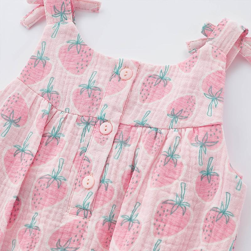 2025 Sommer Neugeborenes Erdbeer-Baumwoll-Strampelhöschen - Ärmellos, Spaghettiträger, Druckknopfverschluss im Schritt