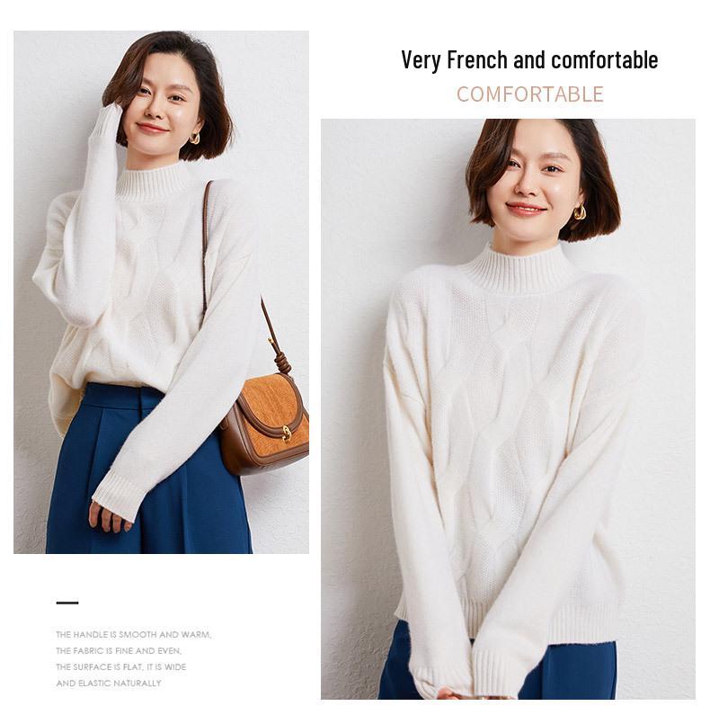 Women's Chunky Cable Knit Cashmere Sweater - Solid Color, Half-High Neck, Thickened Pullover for Autumn and Winter