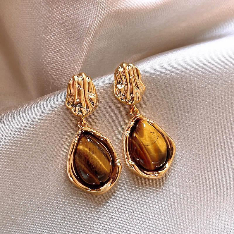 Silver needle tiger's eye stone geometric round pendant earrings retro Maillard style stud earrings personalized niche design earrings