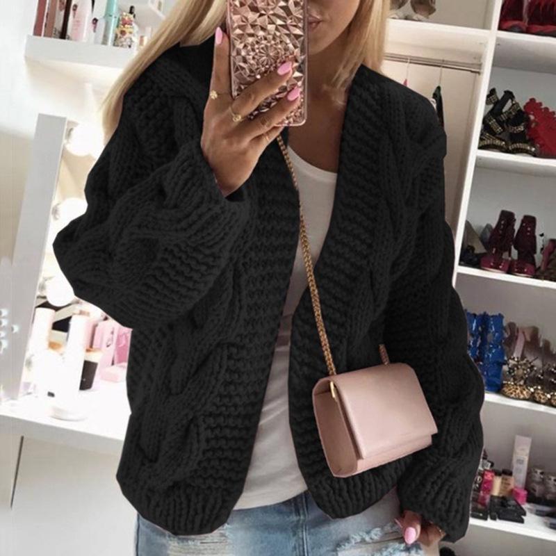 2026 Autumn/Winter Bestseller: Women's Cable Knit Hat Cardigan, European & American Style Chunky Sweater, Solid Color