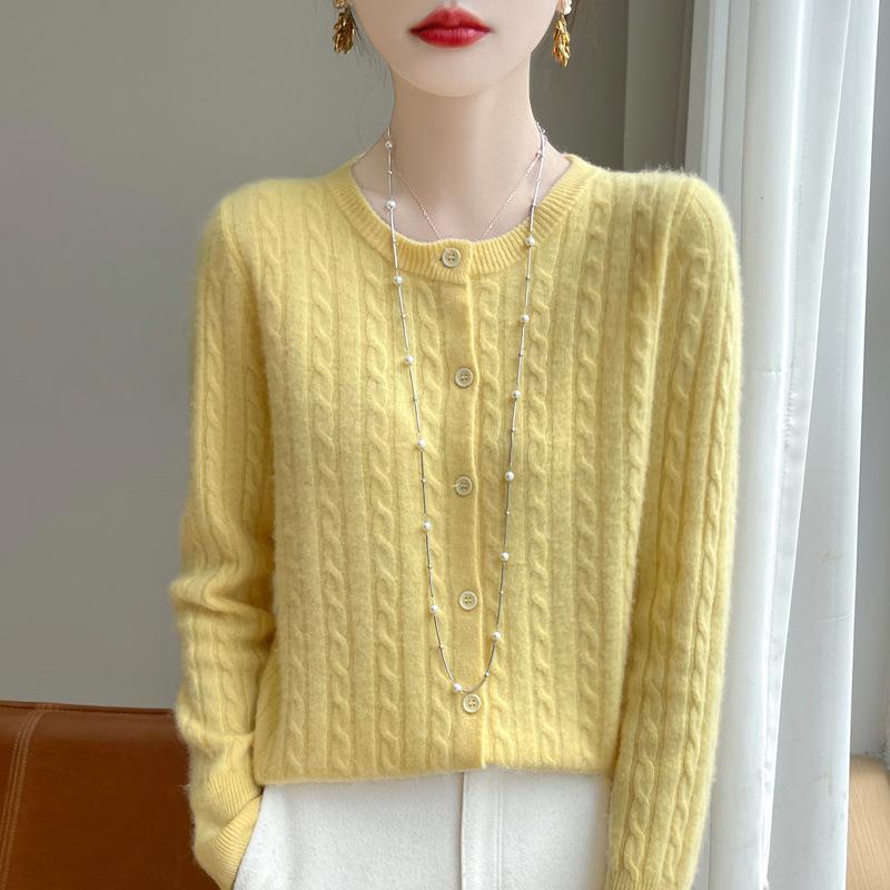 

GMXIA Весенне-осенний свитер с круглым вырезом, женское однобортное пальто, однотонный кардиган с косами M жёлтый