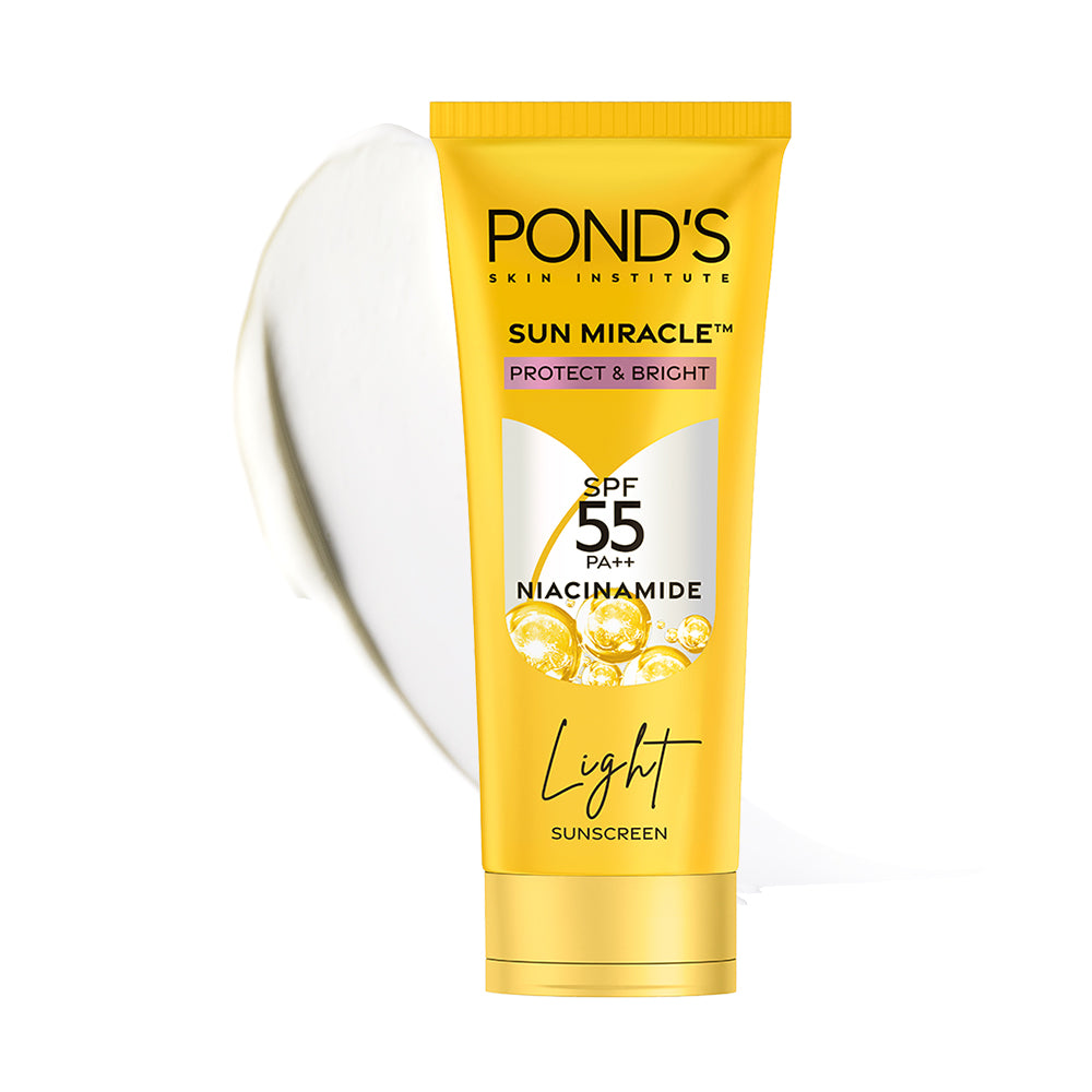 

Pond s Sun Miracle SPF 55 Light Sunscreen 50g With Niacinamide For Dark Spot Removal & Bright Glow, No White Cast, Pack Of 1