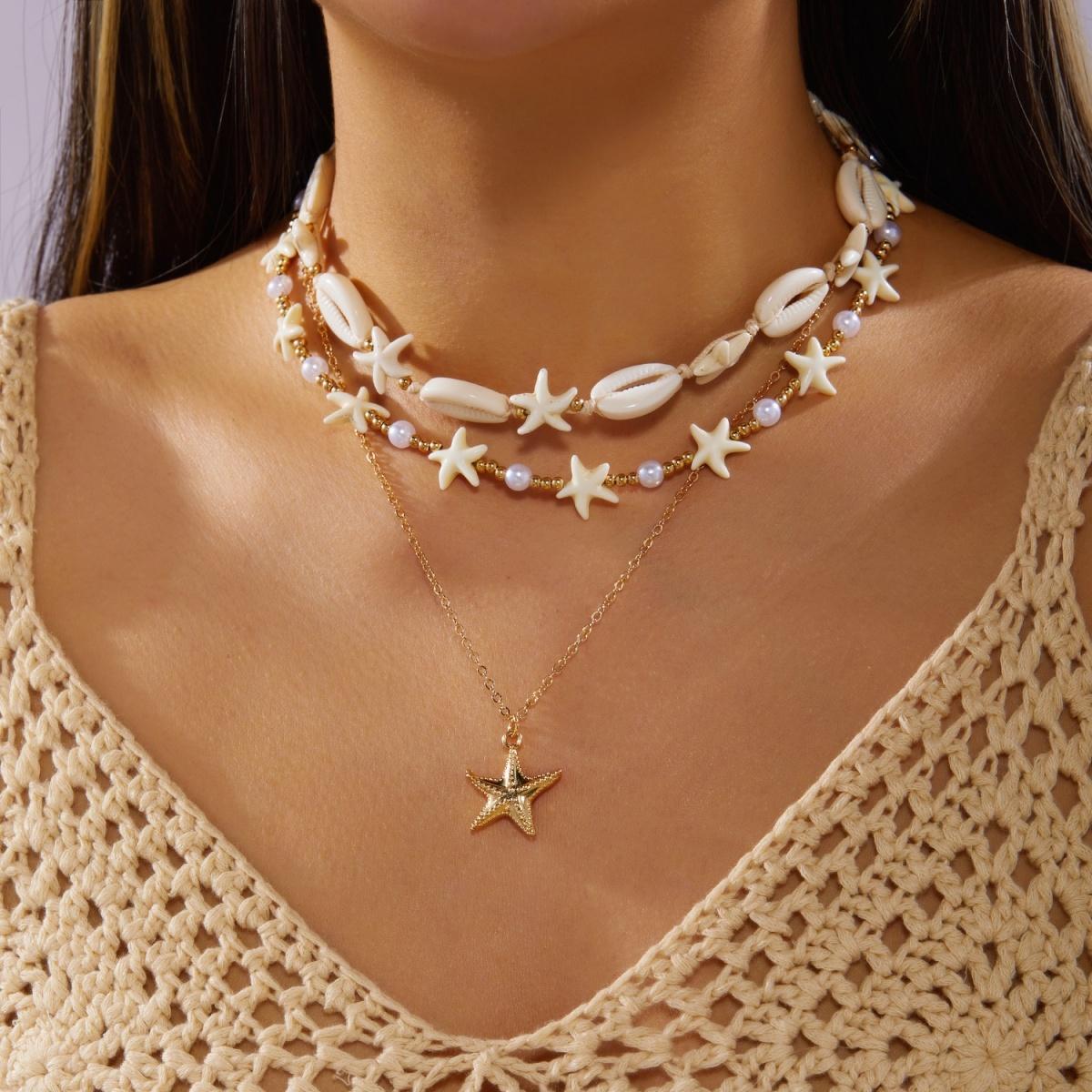 

Starfish Shell Conch Baroque Imitation Pearl Stackable Necklace For Women Men Summer Vacation Fishtail Seahorse Choker Zircon