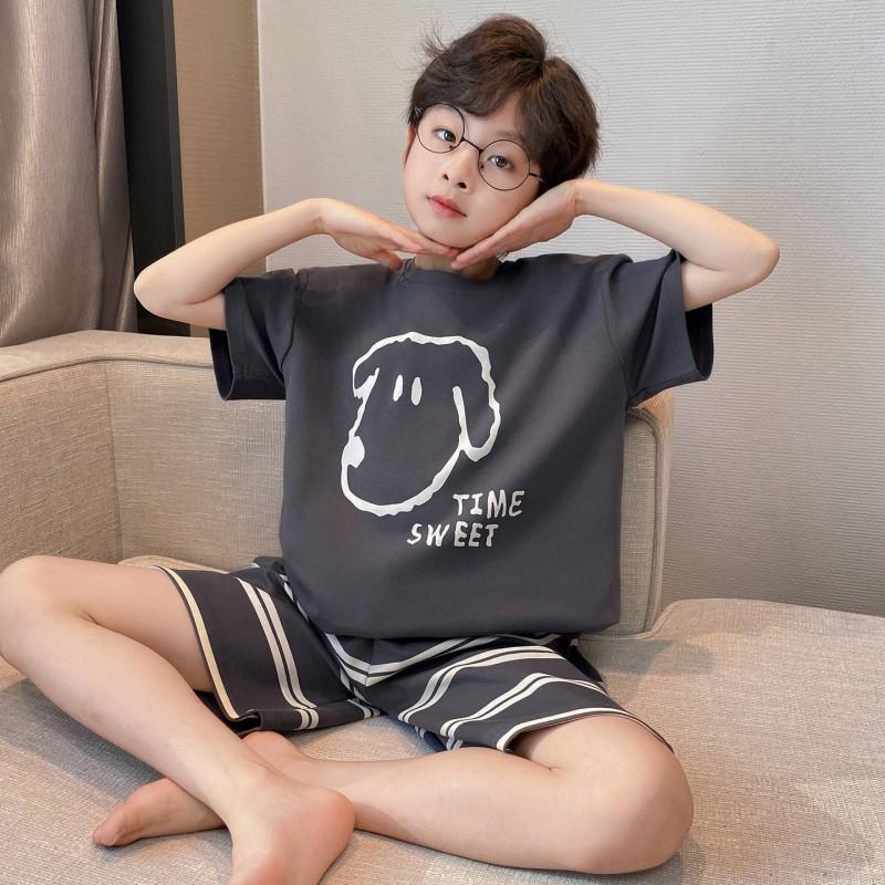 Boys Cotton Pajama Set Short Sleeve Cartoon Print Lightweight Sleepwear Kids Teens