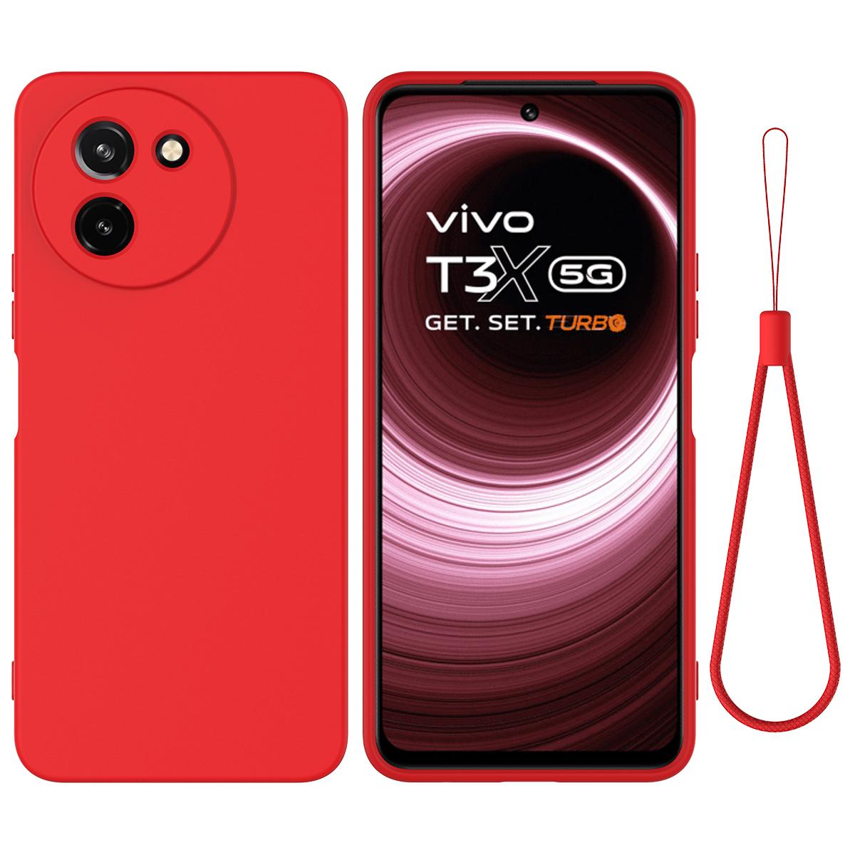 

For vivo T3x/Y200i 5G Case Soft Liquid Silicone Anti-Drop Phone Cover with Strap Red