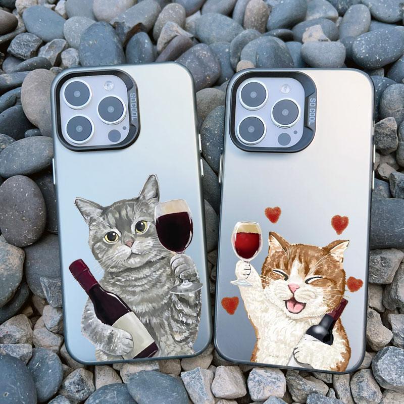 Red Wine Glass Liquid Cute Cat Phone Case For iPhone 16 15 14 13 Mini Pro Max 12 11 Pro Max 15 14 Plus Shockproof Laser Covers