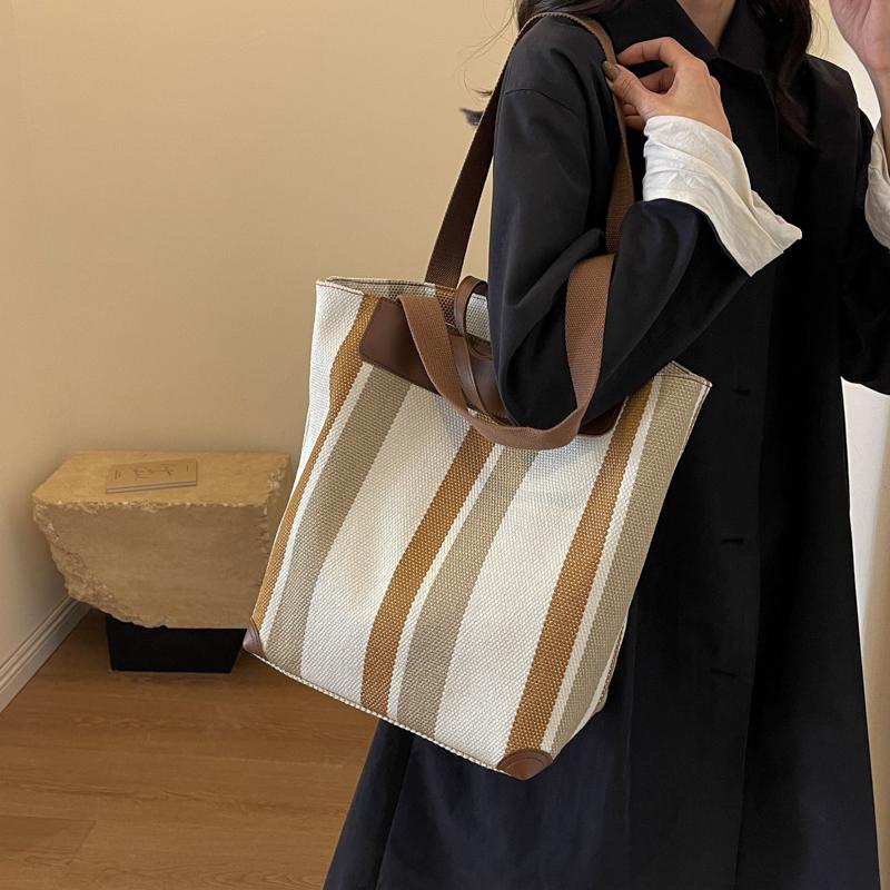 Canvas Bag Large Capacity Shoulder Bag for Female Striped Tote Bag