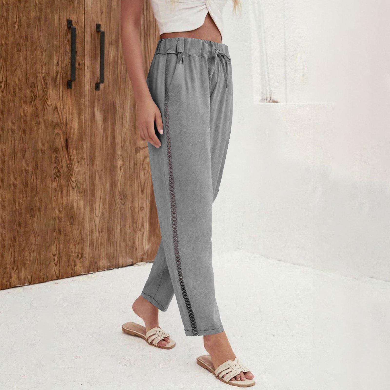 

Хлопково-льняные брюки для женской моды, повседневные брюки с кружевной отделкой, однотонные брюки на кулиске, пляжные брюки XXL