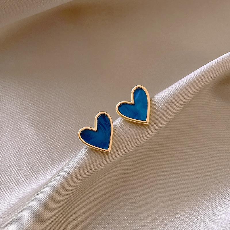 Blue Heart Earrings for Women - Korean Style 925 Silver, Small & Sweet