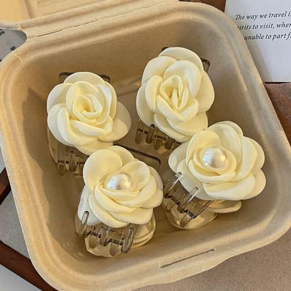 Small Fabric Floral Hair Clip Elegant Pearls Flower Hair Claw Camellia Hair Clip  Back Head Wear