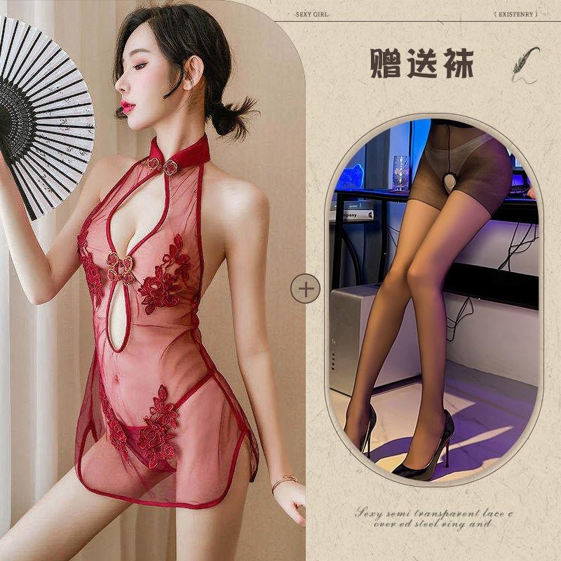 New European and American erotic underwear, sexy lace slit uniform mesh classical embroidered cheongsam set