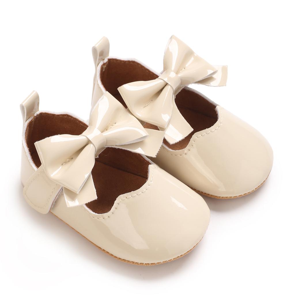 Khaki 0-18M Baby Casual Shoes Infant Toddler Bowknot Non-slip Rubber Soft-Sole Flat PU First Walker Newborn Bow Decor Mary Janes