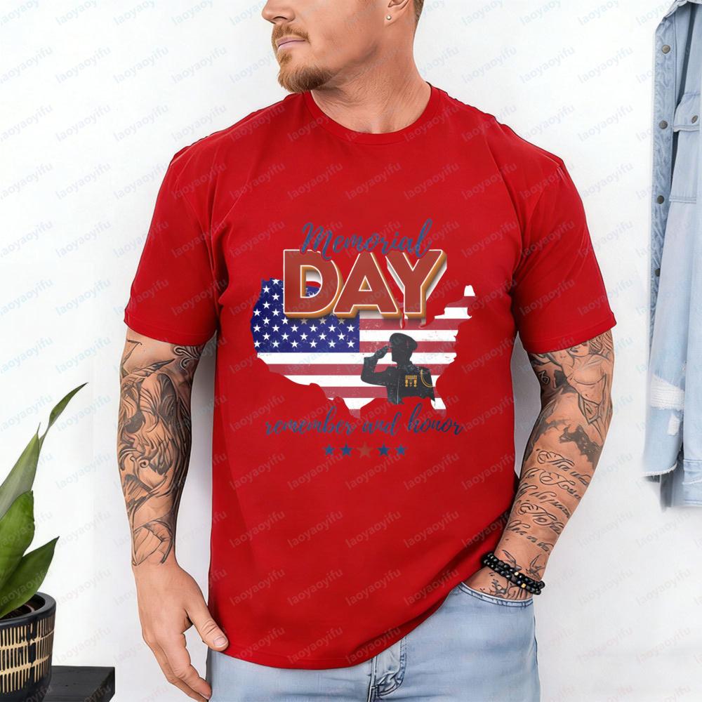 Memorial Day TShirt Remember and Honor Salute Soldier Patriotic Casual Cotton Tee Festival Vintage Trend Classic Mens Clothing