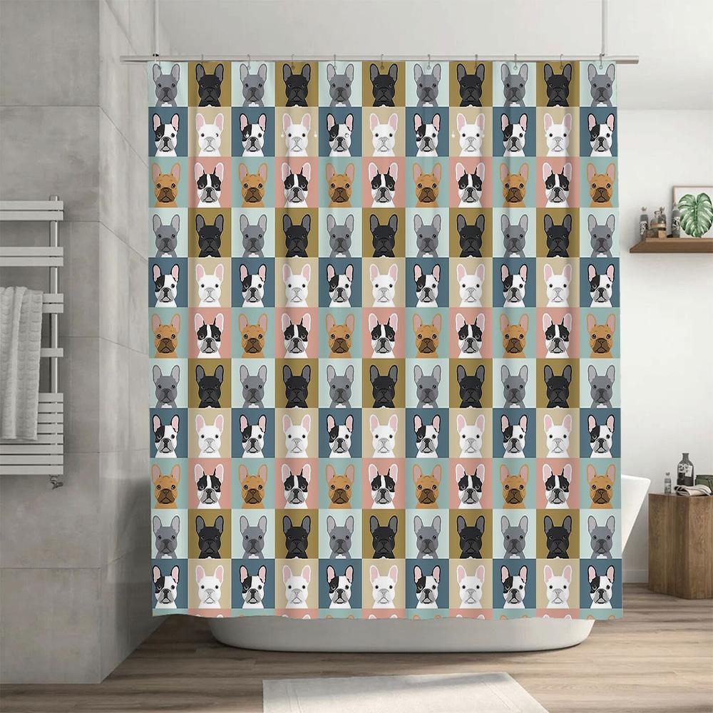 French Bulldog Shower Curtain Waterproof Cute Puppy Dog Pattern Bathroom Decor Farmhouse Style Modern Home Decor Trendy Washable