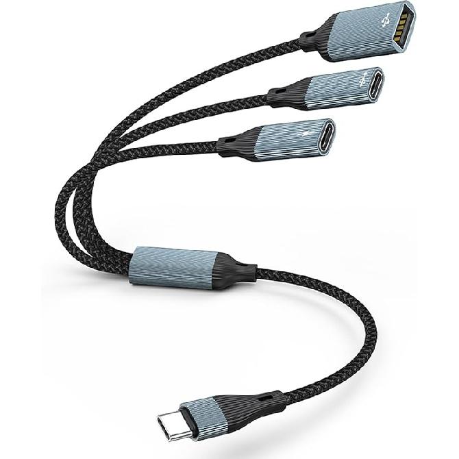 USB C разветвитель с PD 60 Вт зарядкой, 3-в-1 USB C в USB C + USB A + 3,5 мм разъем для наушников, адаптер, OTG кабель для iPhone 16/15 серии, iPad, MacBook, USB C to 2 USB C+USB A