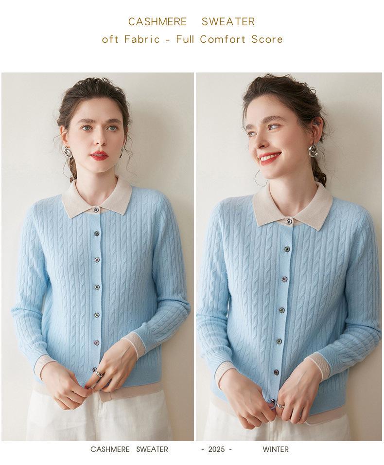 Women's Cashmere Blend Two-Tone Cable Knit Cardigan, Faux Two-Piece, Fold-Over Sweater, Loose Wool Coat
