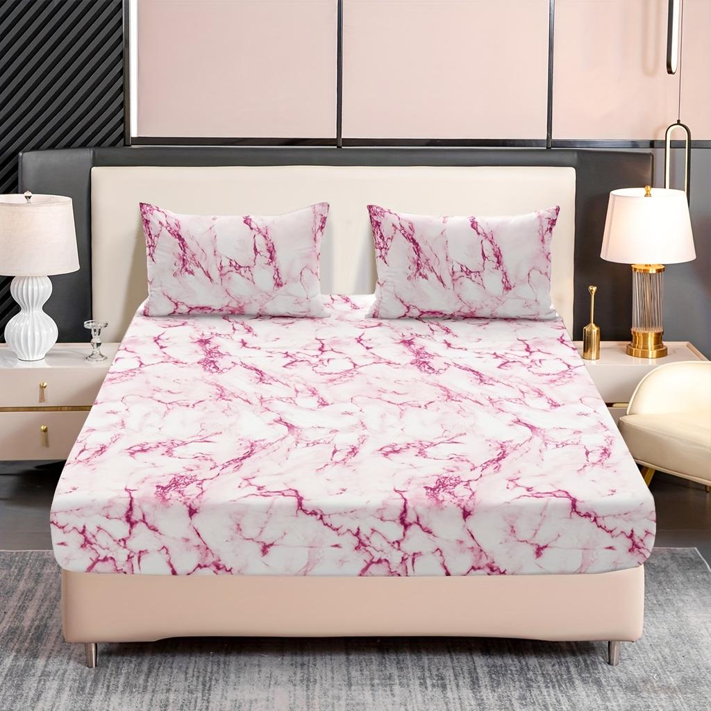 3-Piece Marble Print Fitted Sheet Set - Ultra Soft Breathable Microfiber Fabric Hypoallergenic Wrinkle-Resistant Easy Care -