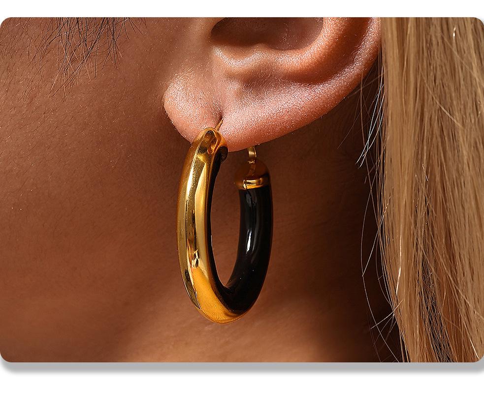 Qiong Yao European Style Circle Drip Oil Earrings, 18K Gold-Plated Stainless Steel, Hypoallergenic, Color-Retentive, Women's.