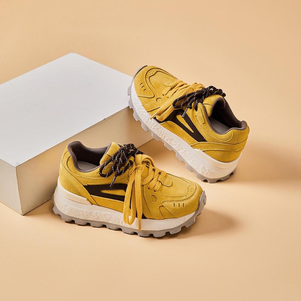 Genuine Leather 8CM Invisible Height Increasing Women's Retro Color Block Thick Sole Sports Shoes - Autumn 2025 Collection