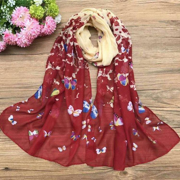 Spring and Summer Women's Chiffon Printed Scarf Sun Protection Thin Silk Scarf Shawl Beach Butterfly Scarf