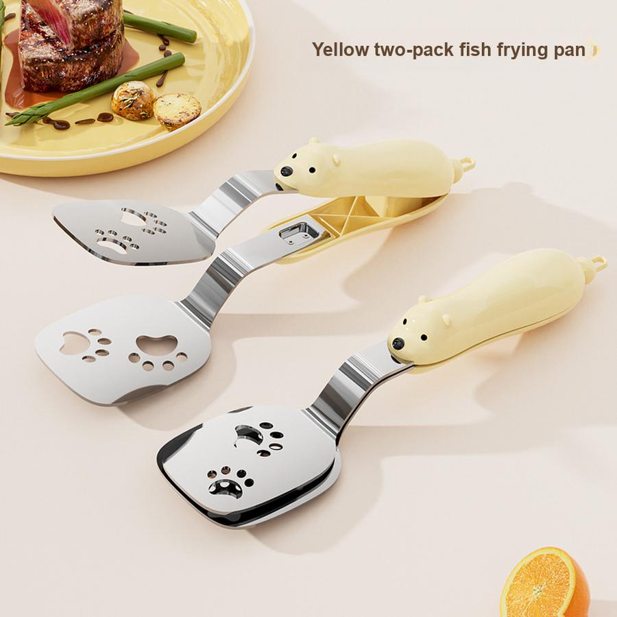 Small Bear Fried Fish Turner 2-in-1 Stainless Steel Food Clip Long Handle Anti-Slip Oil Draining Spatula Heat Resistant Clip