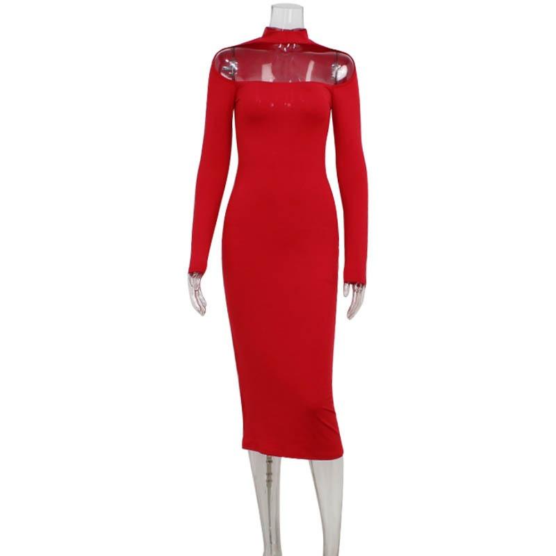 Pure Wind Autumn and Winter Fashion Sexy Chest Long Sleeve Hollow Design Slimming Dress